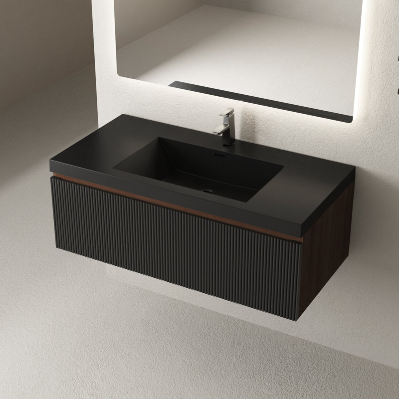 Meuble-lavabo mural simple 42 po avec lavabo, armoire de rangement flottante avec lavabo en résine et tiroir à fermeture en douceur, pré-assemblé, noir 42 po