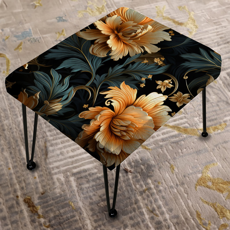 Golden And Dark Poppies Damask - Damask Rectangle Ottoman