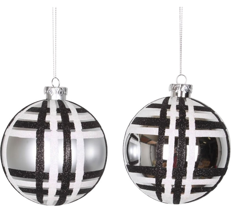 Ornement boule de noël incassable paillettes écossais, Argent / noir / blanc