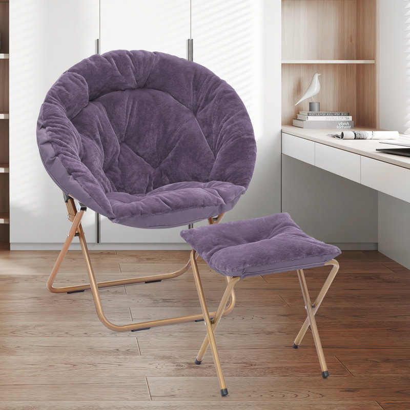 Amey Foldable Round Saucer Chair Portable Dorm Chair Lounge Chair Accent Chair for Bedroom Living Room, Purple Synthetic Fur