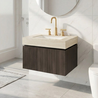 Meuble-lavabo mural de 30 po en contreplaqué, grain de bois espresso Heidelberg, armoire de rangement imperméable, anti-déformation et anti-moisissure avec portes et tiroirs, pré-assemblée