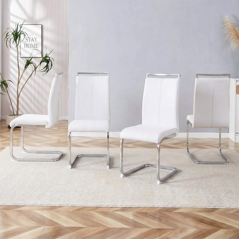 Modern Faux Leather Cantilever Dining Chairs (Set of 4), White, Silver, 4
