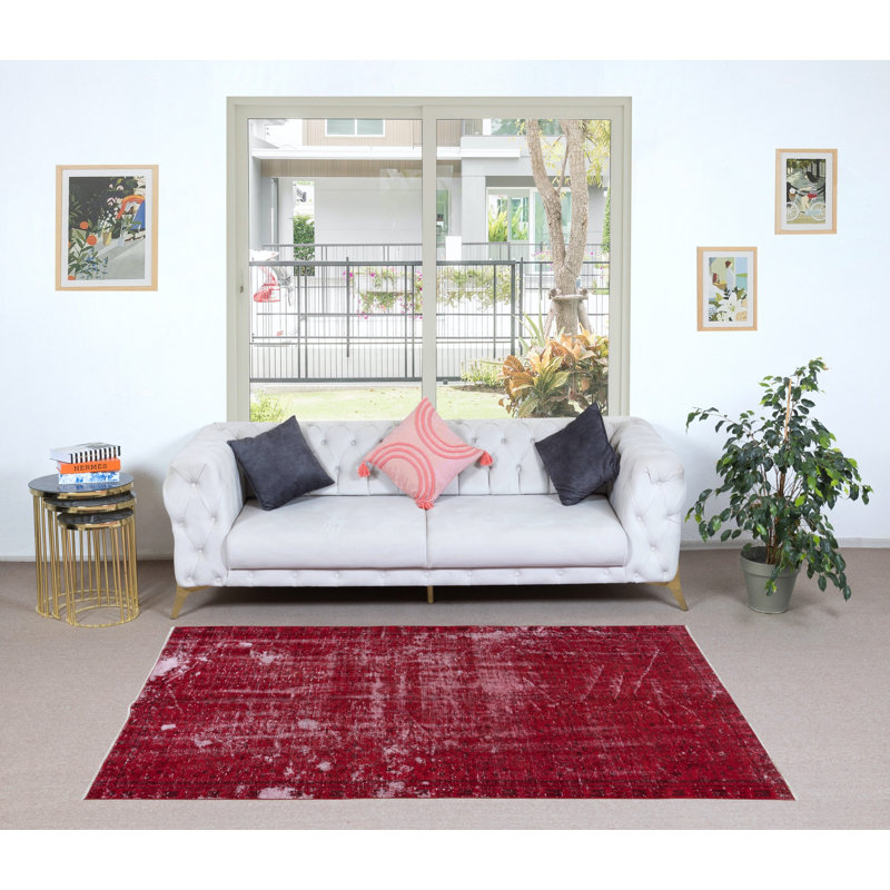 Tapis rouge turc contemporain fabriqué à la main de 4,6 x 7,7 pi avec style Shabby Elegance