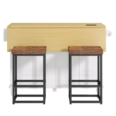 Farmhouse Kitchen Island with Drop Leaf and 2 Seatings, Kitchen Table Set with Storage Cabinet, Drawers, Door Shelves and Power Outlet