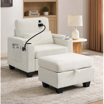 Canapé inclinable simple avec dossier réglable manuellement, port de charge USB sur le côté de l'accoudoir, support pour téléphone inclus, rangement caché pour l'accoudoir et repose-pieds assorti
