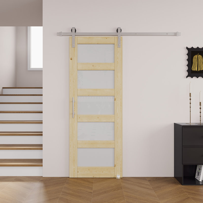 H 80 po x l 36 po | Porte de grange coulissante en bois de pin massif givré 5-Lite avec trousse de quincaillerie d'installation nickelée (aucun assemblage requis)
