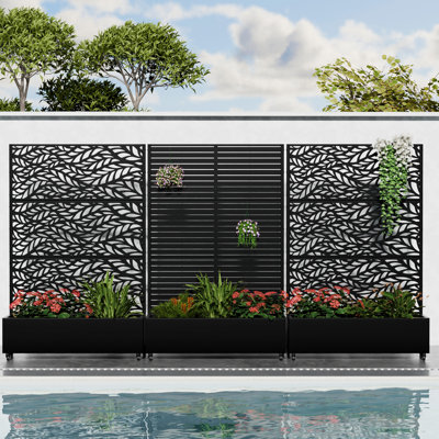 72" H X 141" W X 16" D Two-tone Outdoor Metal Planter Box with Lattice Panel Trellis Indoor Privacy Screen Decor Raised Garden Bed with Wheels