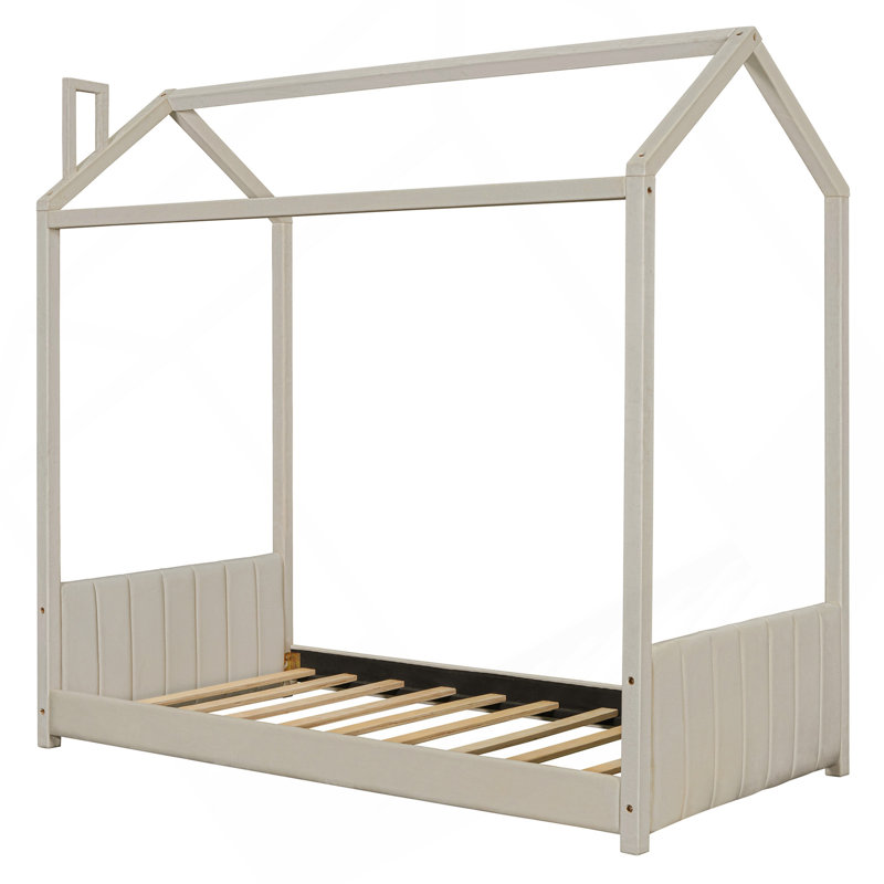 Lit simple en bois et velours, beige, Beige, Lit simple