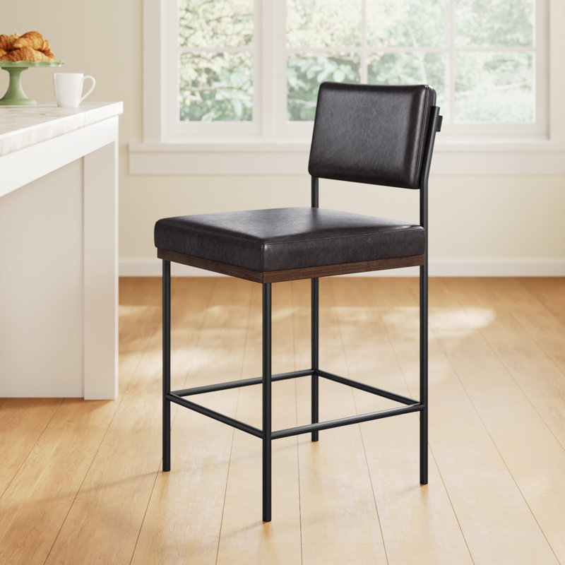 Popovich Upholstered Counter Stool with Metal Frame, Sonoma Black/Genuine Leather, Counter Stool (26.42" Seat Height)