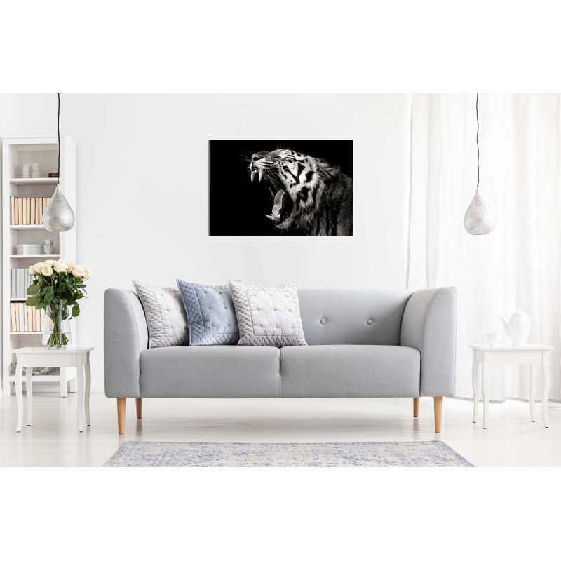 Black And White Yawning Tiger Artistic - Wrapped Canvas Print, 41cm H x 61cm W
