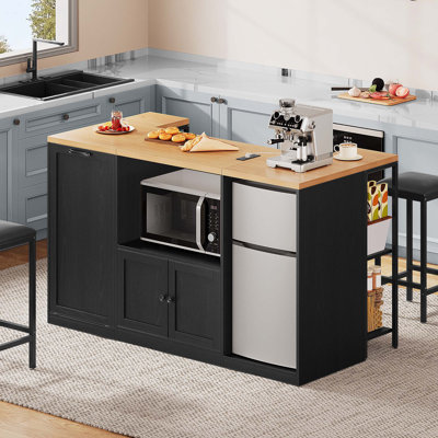 67" Kitchen Island with Storage, Mini Fridge Space, Power Outlet & Seating