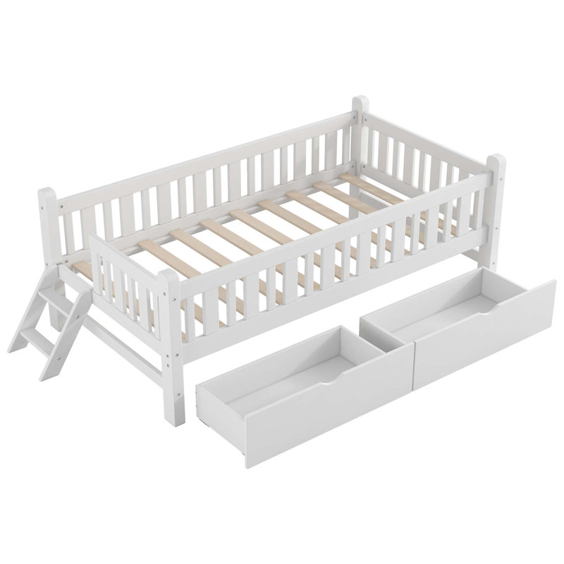 Lit plateforme pratique en bois avec garde-corps et deux tiroirs, offrant un espace sûr et du rangement pour les chambres d'enfants
