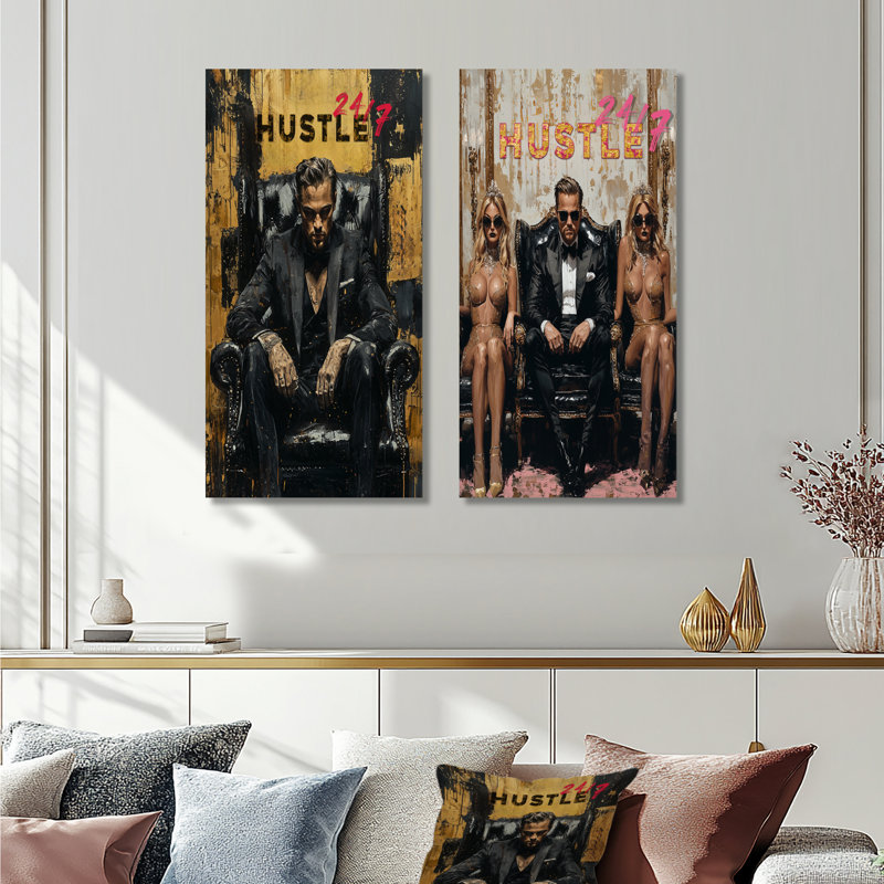 Loup Wall Street Hustle Motiviation I - ensemble d'art mural loup de Wall Street 2 pièces, H 40 po x l 40 po, Toile tendue