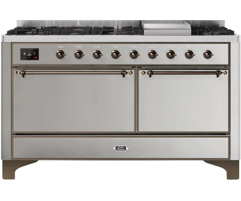 ILVE UM15FDQNS3BKCLP Majestic II 60 inch Dual Fuel Range with 9 Burners, Griddle (Liquid Propane, Solid Door, Glossy Black, Chrome)