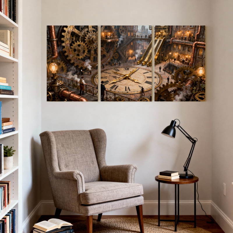 Fantaisie et science-fiction Steampunk, paysage urbain avec engrenages et vapeur, ensemble de 3 impressions sur toile