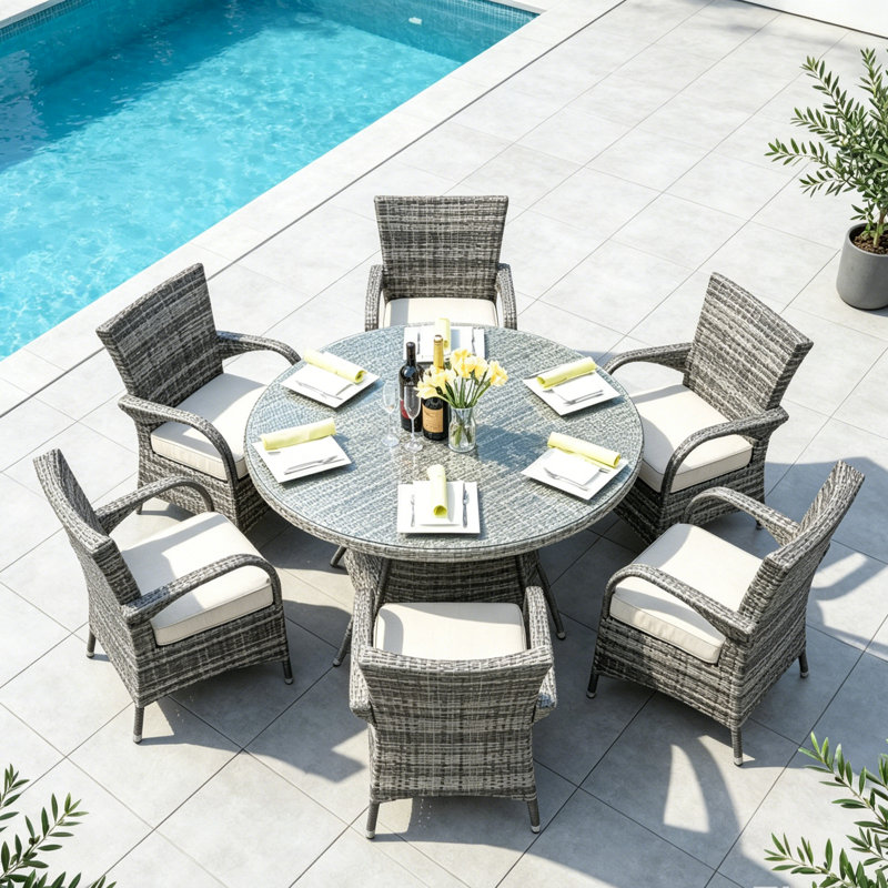 Talene 6 - Person Patio Dining Set with Round Table , Cushions Included, Gray