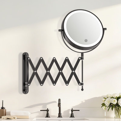 Modern Round Metal LED Lighted Magnifying Extension Wall Mounted Bathroom Vanity Makeup Mirror, Black