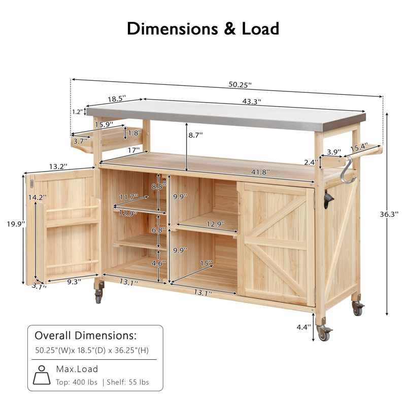 50Inch Outdoor Kitchen Island Cart With Stainless Steel Top, Natrual