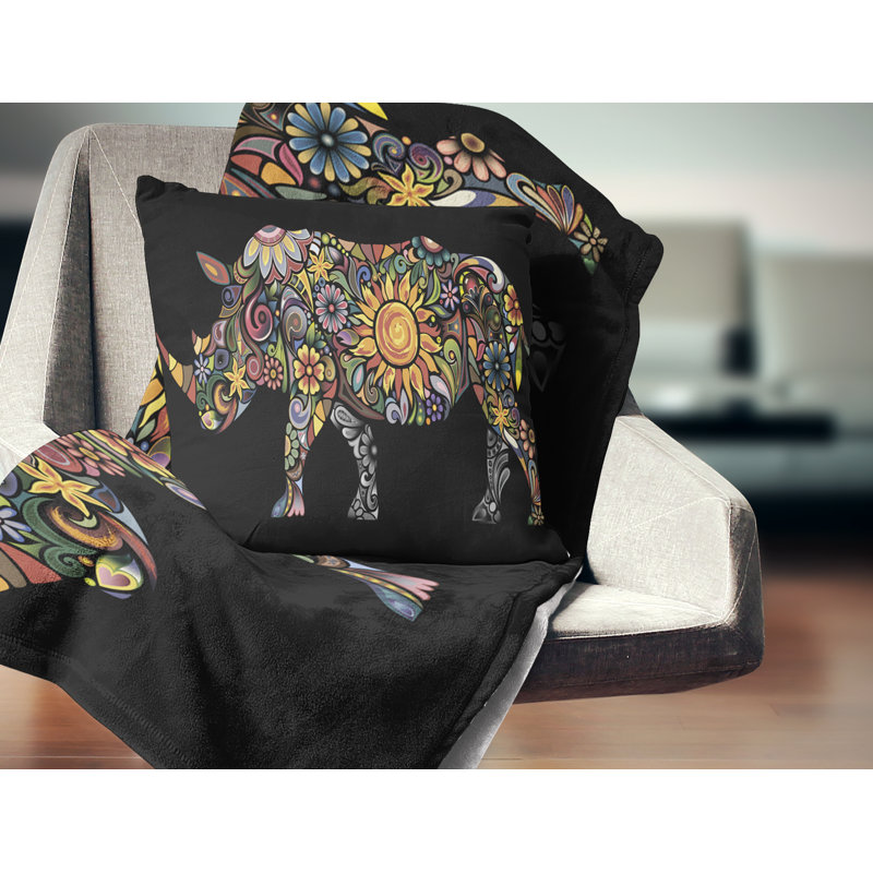 Joyeux Rhinocéros - oreiller imprimé animal, 18 po x 18 po, Coussin décoratif