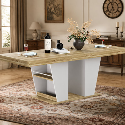 Table de salle à manger extensible de 78,7 po de style rustique, pouvant accueillir de 8 à 10 personnes, table de salle à manger avec tablettes de rangement des deux côtés, table de cuisine extensible de style moderne Mid-Century en bois, naturel et 