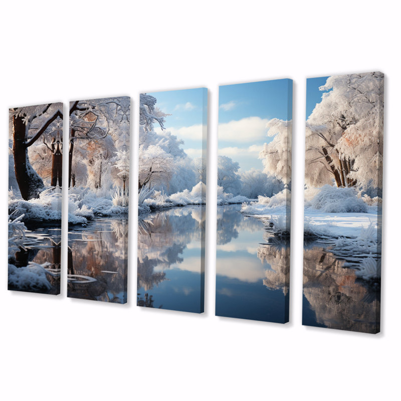 Paysage d'hiver - reflet de rivière II - paysages muraux - 5 panneaux égaux
