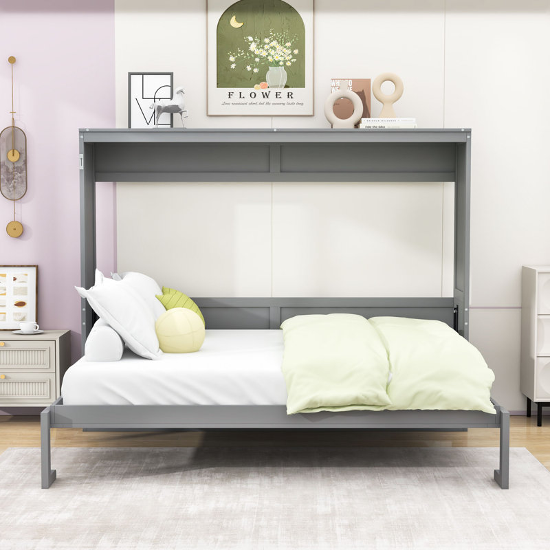 Armoire murale Murphy avec lattes et pieds, Grand lit, Gris
