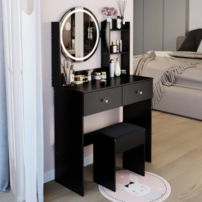 Coiffeuse ronde avec tabouret et éclairage DEL 17 po, miroir à luminosité réglable 3 couleurs par interrupteur tactile, rangement à plusieurs niveaux pour petits espaces, style américain moderne, mobilier noir, 31,5 po