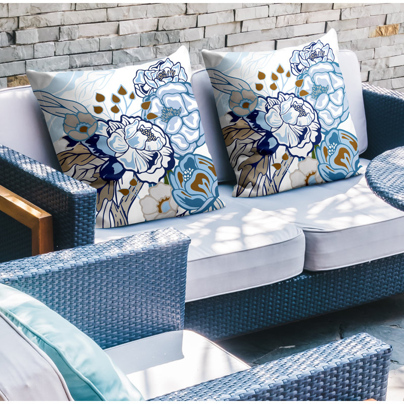 Floral Outdoor Reversible Throw Pillow, 17W" x 17H", White/Blue/Brown