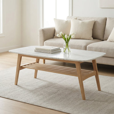Loris 43" Rectangular Italian Carrara White Marble Coffee Table With Oak Shelf