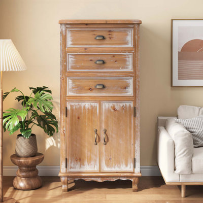 Rustic Wooden Storage Cabinet With Decorative Cutout Door & 3 Drawers, Tall Narrow Organizer For Living Room, Bedroom