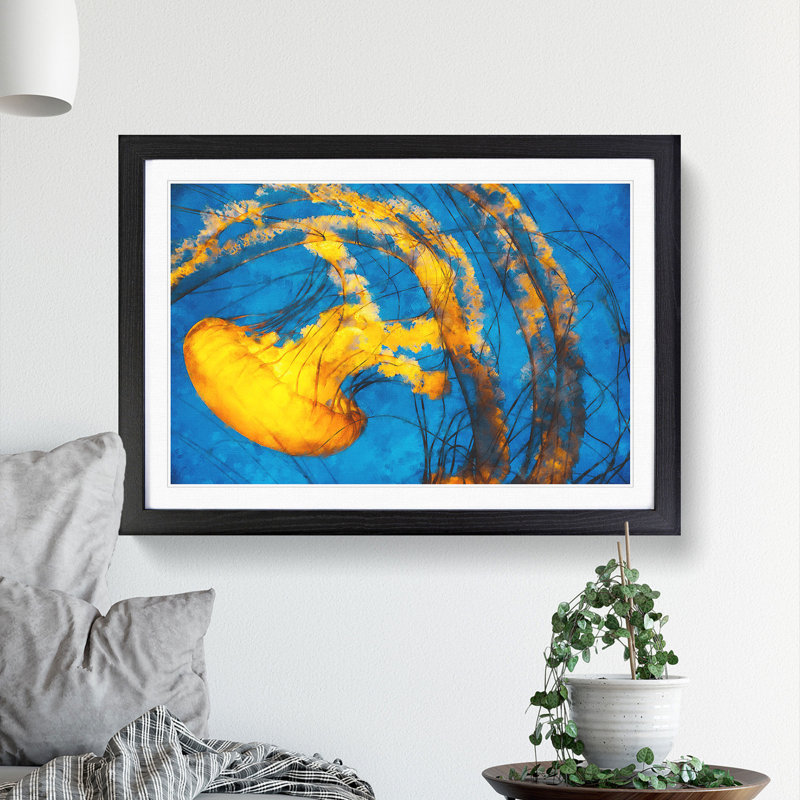 Yellow Jellyfish - Picture Frame Painting Print, 45cm H x 63cm W x 2cm D, Black Framed