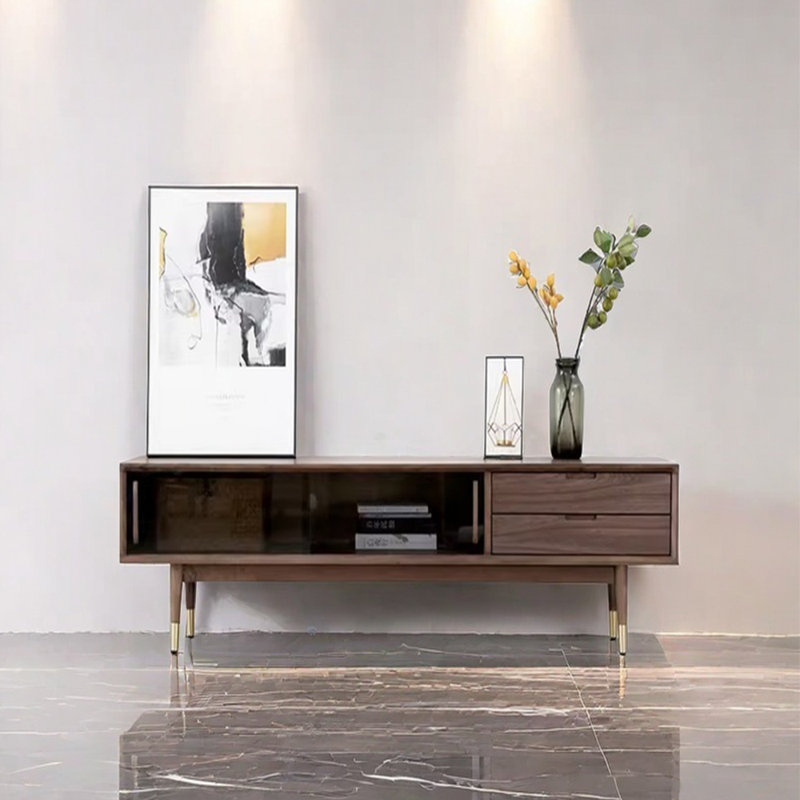Meuble télé simple en bois massif de style rétro, Brun, 62.99"