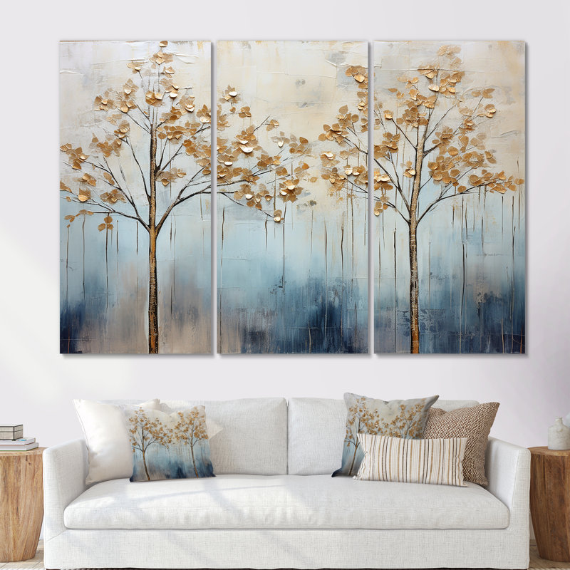 Minimalisme, arbres dorés et bleus scène VI - ensemble d'art mural sur toile, Toile tendue, H 40 po x l 60 po x P 1 po