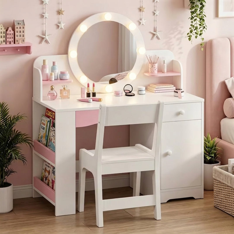 Kids Vanity Desk With Lighted Mirror And Stool