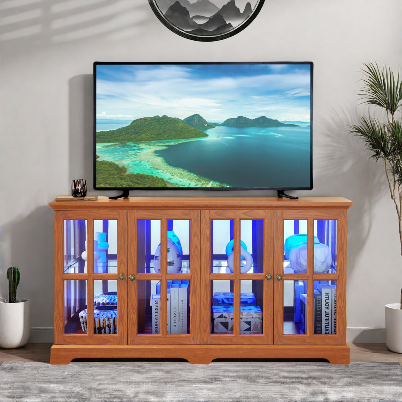 Antique Sideboard With 4 Glass Doors, Adjustable Shelves, Metal Handles And Led Light Strip, Oak