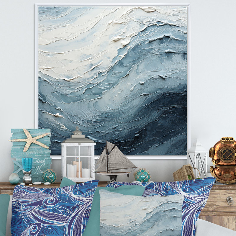 Minimalisme, peinture noire et bleue, vague II, H 36 po x l 36 po x P 1,5 po, Cadre flottant blanc