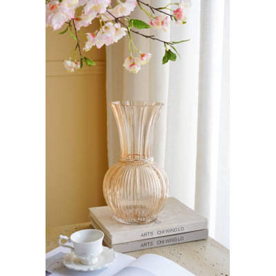 D6.3X11.5 H vase décoratif en verre ambré avec texture nervurée et col évasé