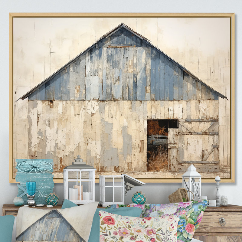Beige et bleu grange - art mural de grange, H 16 po x l 32 po x P 1 po, Cadre naturel flottant