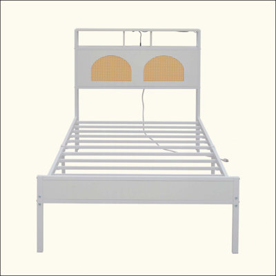 Bed Frame With Headboard, Platform Bed With LED & Charging Station, The Rattan-Framed Headboard Exudes A Classical Charm, No Box Spring Needed, Noise Free, Easy Assembly