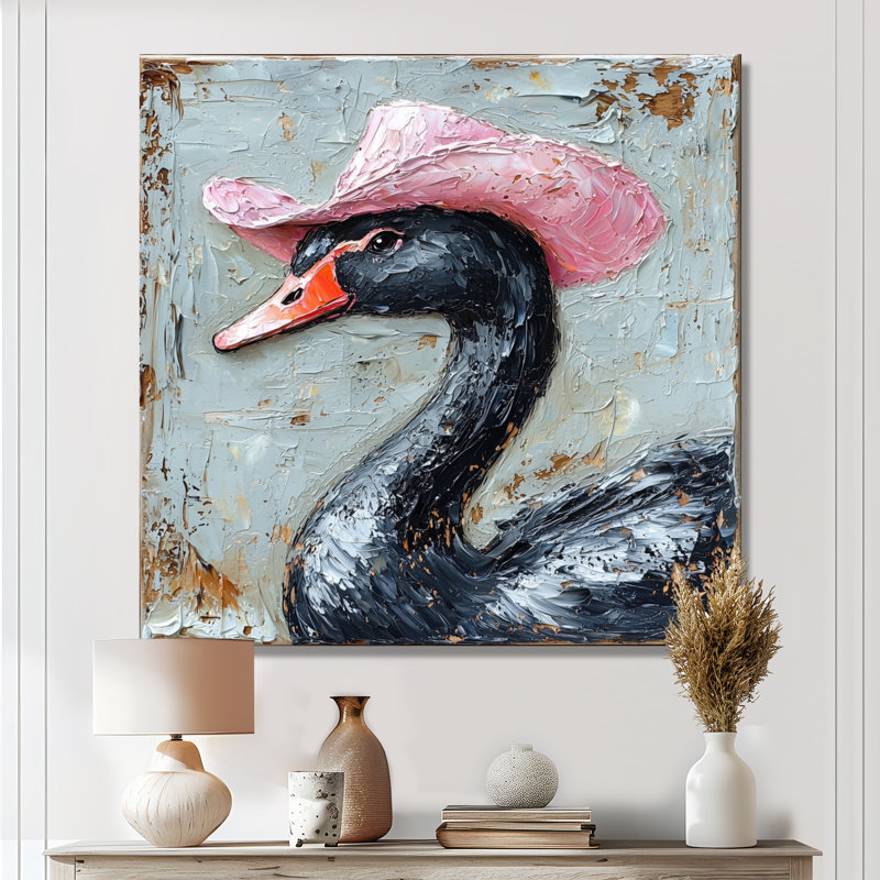 Un cygne noir portant un chapeau de cowboy rose II - cygnes, art mural large, Toile tendue, Ne s’applique pas
