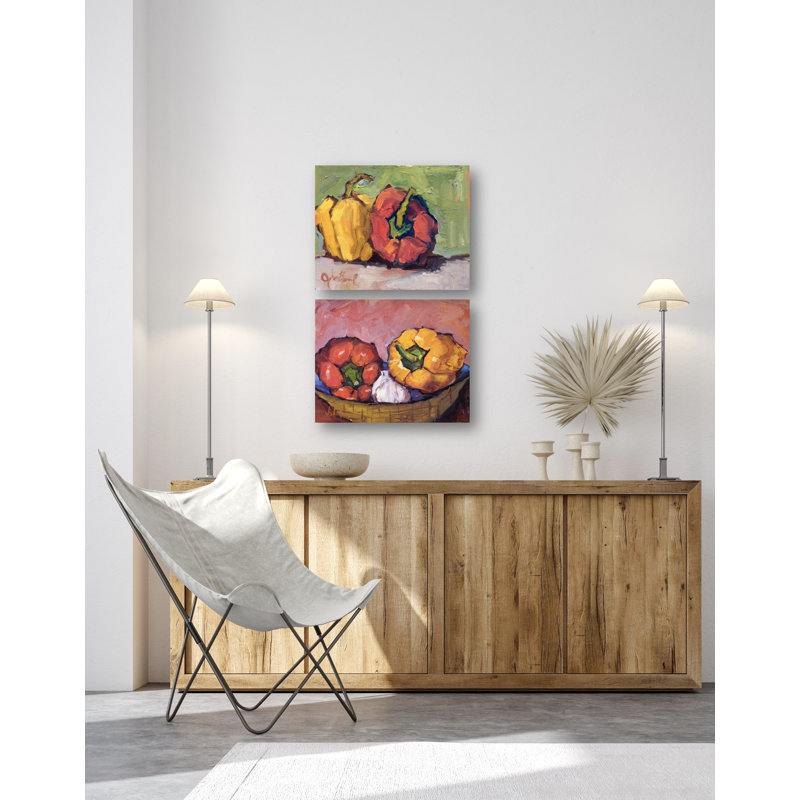 «Pepper Set II» par John Beard - reproduction d'artiste sur toile, Cadre flottant blanc, H 30 po x l 80 po x P 2 po