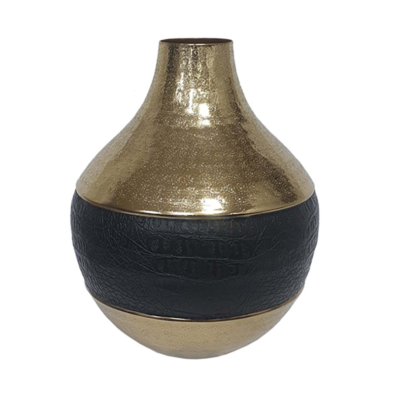 Vase en aluminium doré D7X8.5 "avec détails en cuir artificiel noir
