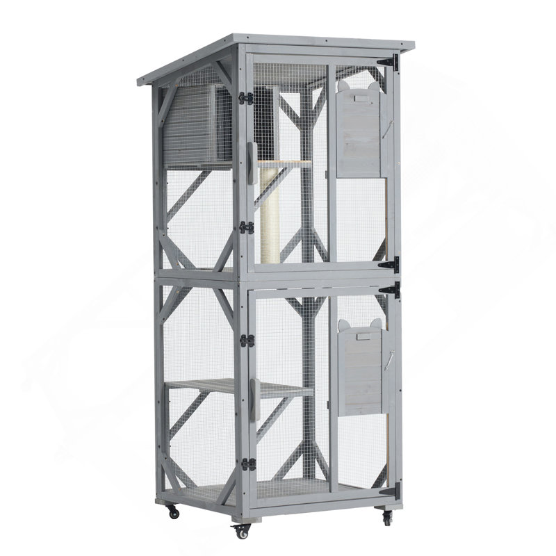Grande cage à chat d'extérieur pour chat sur roulettes, maison pour chat de 70,9 po avec toit imperméable amélioré