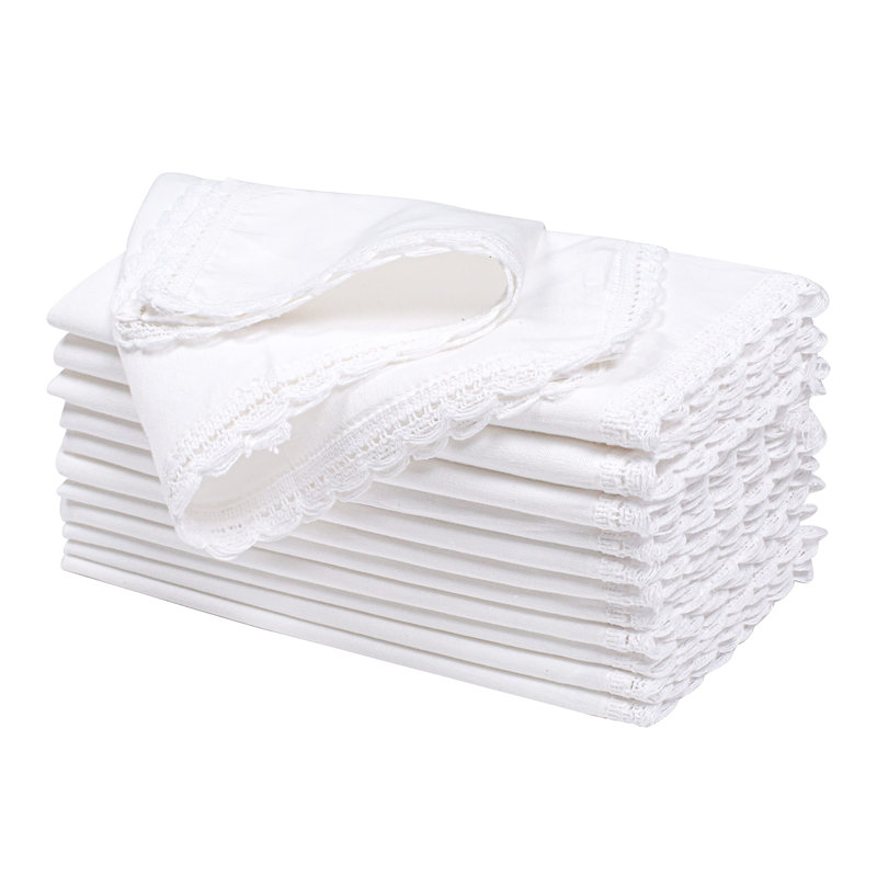 White Cotton Dinner Napkins, Set of 12, 20x20 Inch Oversized Linen-Style with Flax Lace (White), White