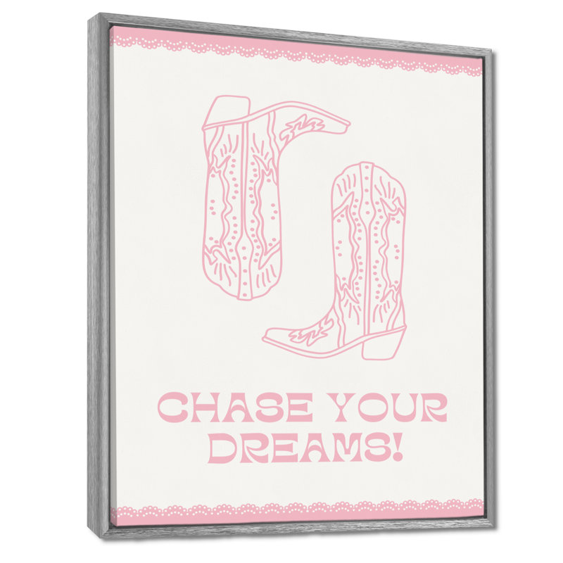 Illustration de bottes de cow-boy «Chase Your Dreams» - Décoration murale de cow-filles, Toile argentée avec cadre flottant