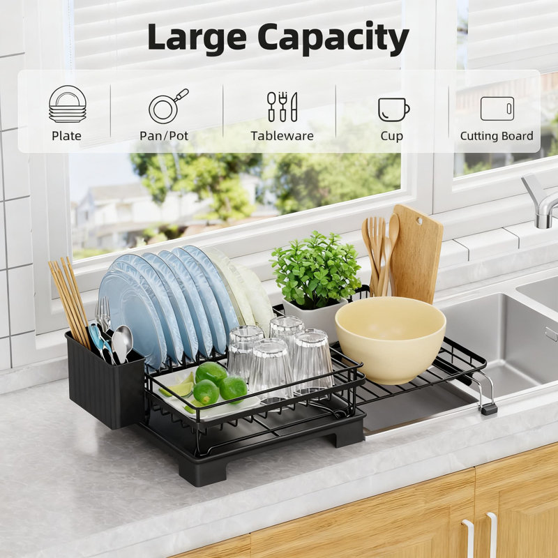 Égouttoir à vaisselle extensible pour évier de cuisine, égouttoir à vaisselle de grande capacité avec porte-ustensiles et système de drainage automatique, conception résistante à la rouille