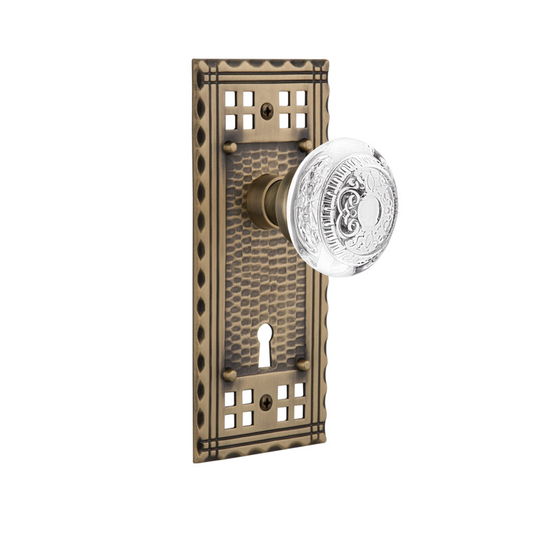 Crystal Egg & Dart Interior Mortise Door Knob with Craftsman Long Plate, Antique Brass