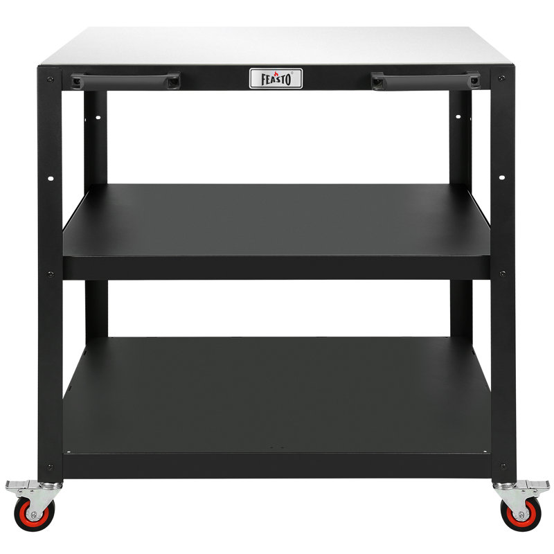 Chariot-grill d'extérieur de 35 pouces avec plateau en acier inoxydable, table de four à pizza à 3 niveaux et poste de travail roulant avec tablette centrale réglable pour cuisine extérieure et barbecue FEASTO