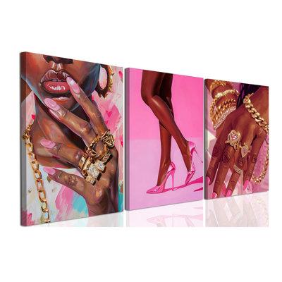 Black Girl Wall Art Set Of 3 Pink Fashion Black Woman Canvas Wall Decor Pictures African American Women Paintings Home Decor Posters Prints For Living Room Bedroom Bathroom 12X16inch Framed