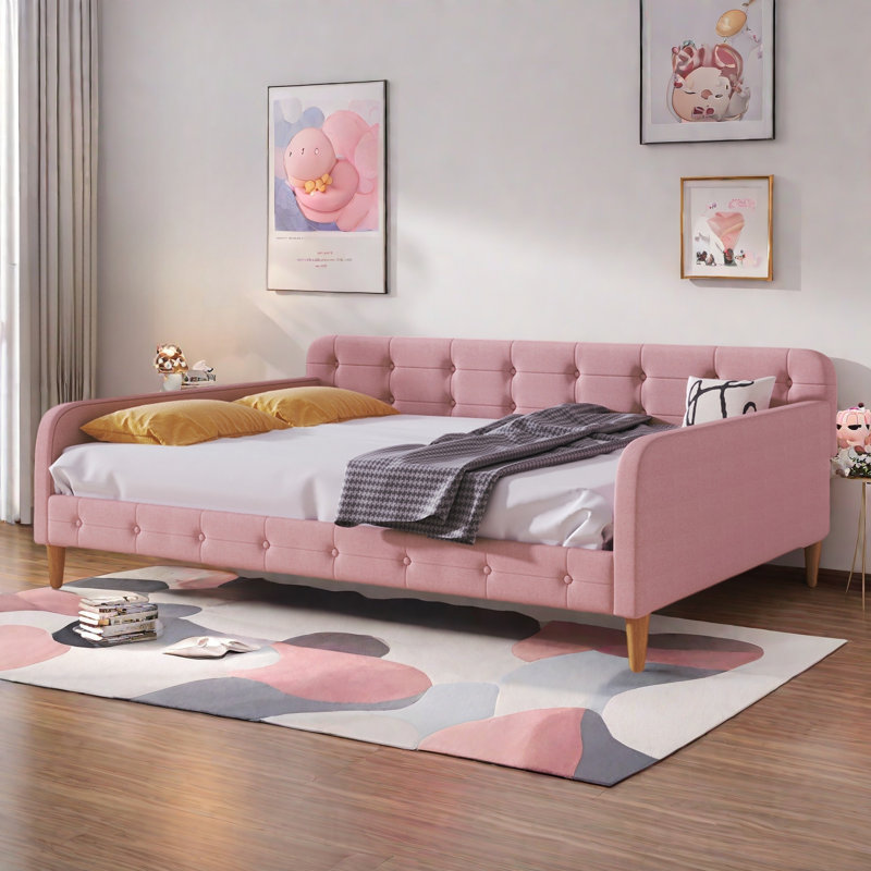 Modern Upholstered Daybed With 4 Support Legs And Button Tufted Design, Pink